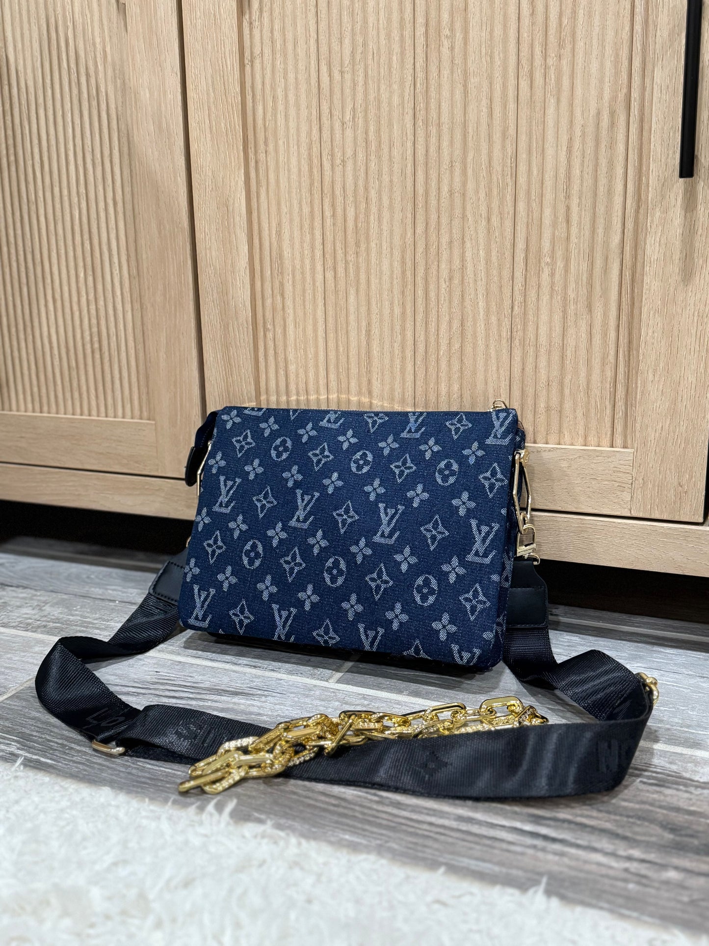Chic Monogram Denim Look Crossbody Pouch with Chain Strap