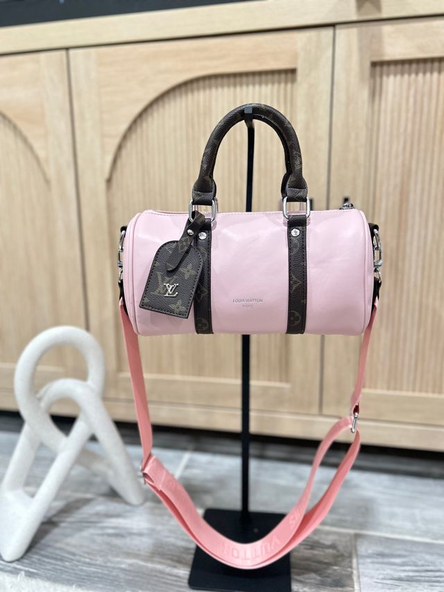 Pink Barrel Boston Bag with Monogram Trim and Strap