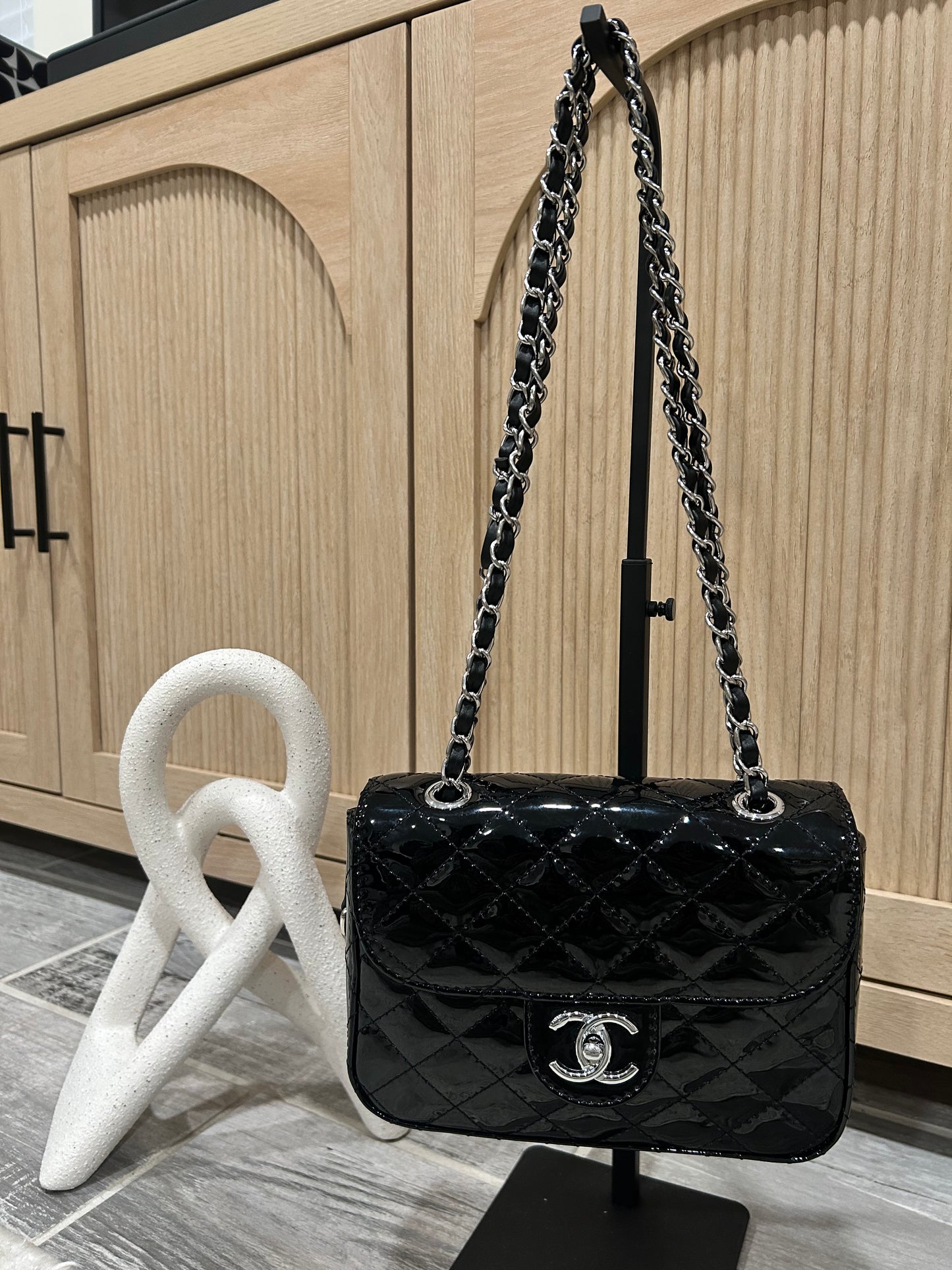 Luxury Quilted Black Patent Leather Shoulder Bag with Silver Chain Straps