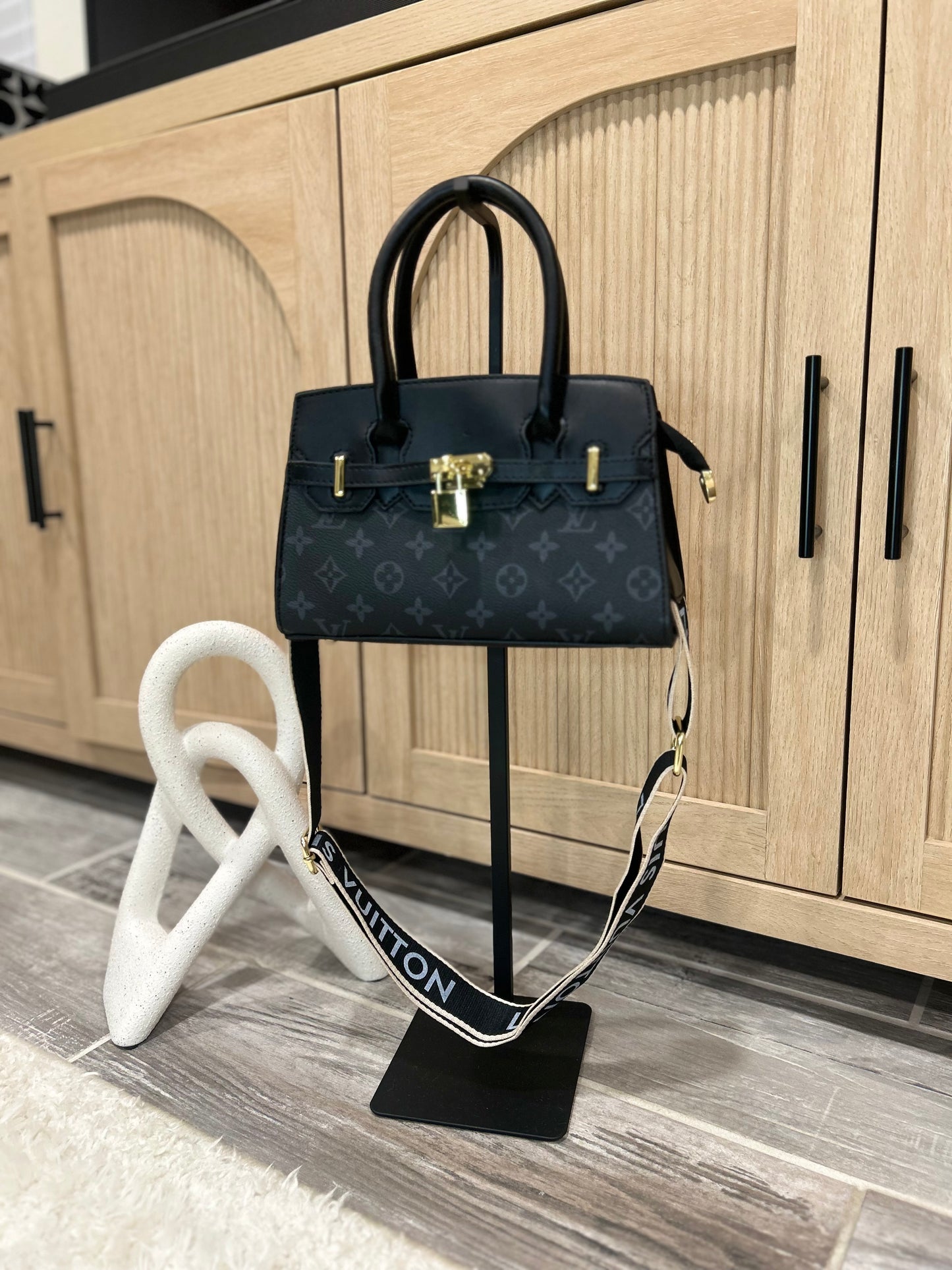 Chic Black Monogram Satchel with Detachable Crossbody Strap