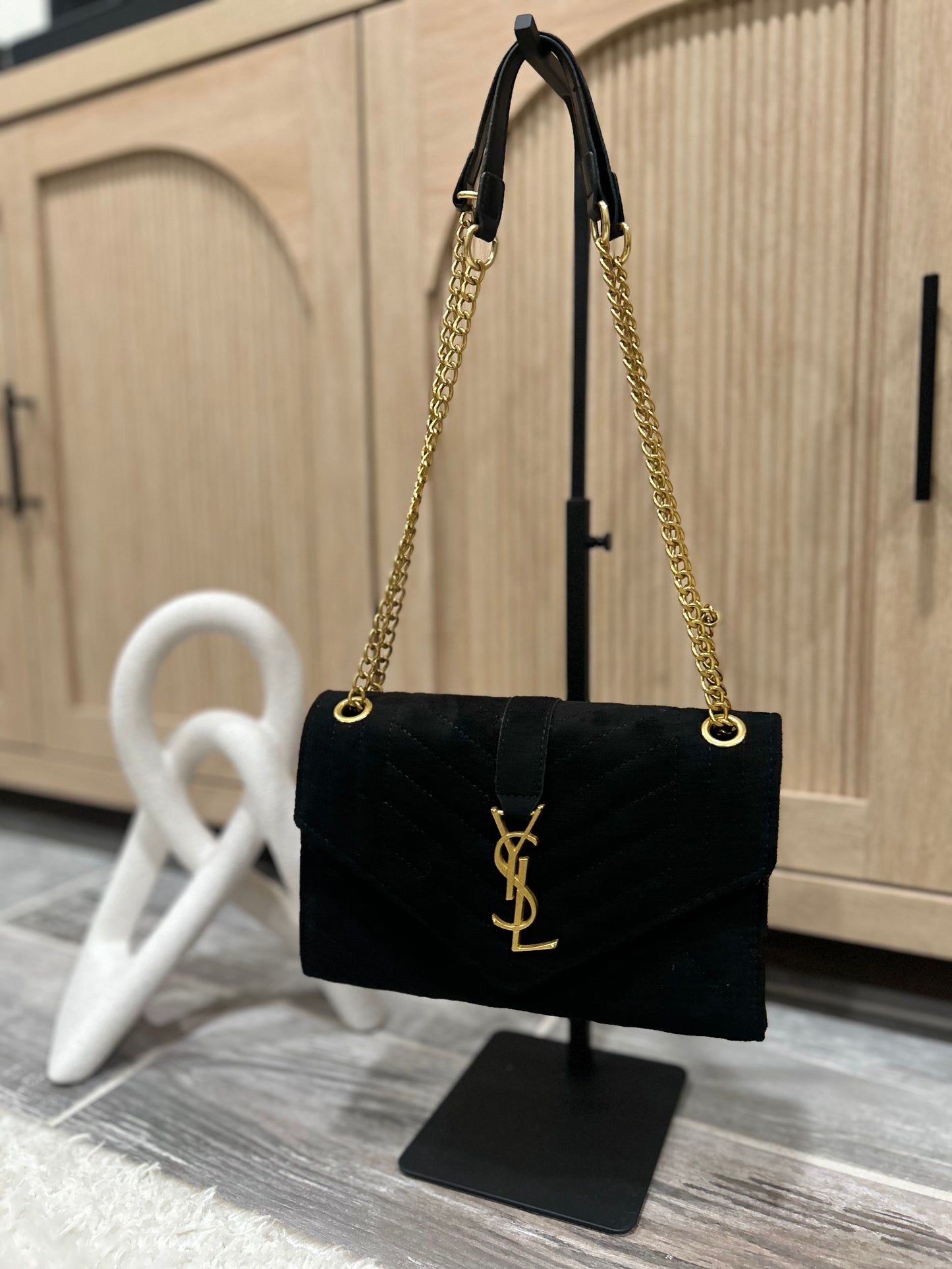 Luxurious Black Suede Chevron Shoulder Bag with Gold Chain Strap