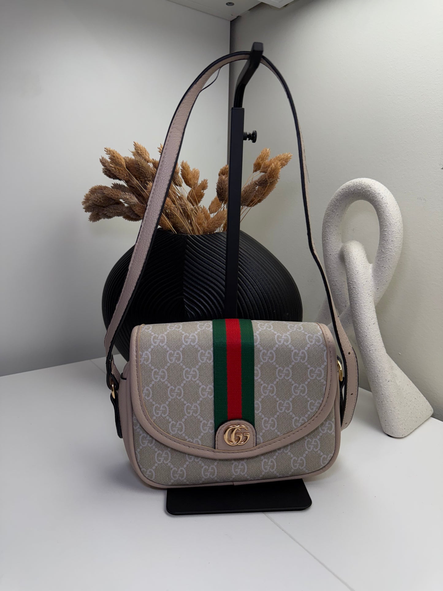Chic Vintage Style Monogram Print Satchel with Signature Striped Detail