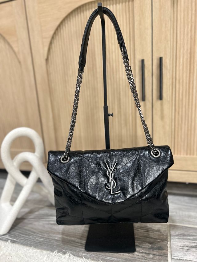 Quilted Flap Shoulder Bag with Chain Strap Black Crinkled Leather Look