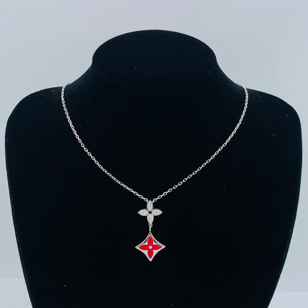 Chic Red Enamel & Cubic Zirconia Floral Charm Necklace