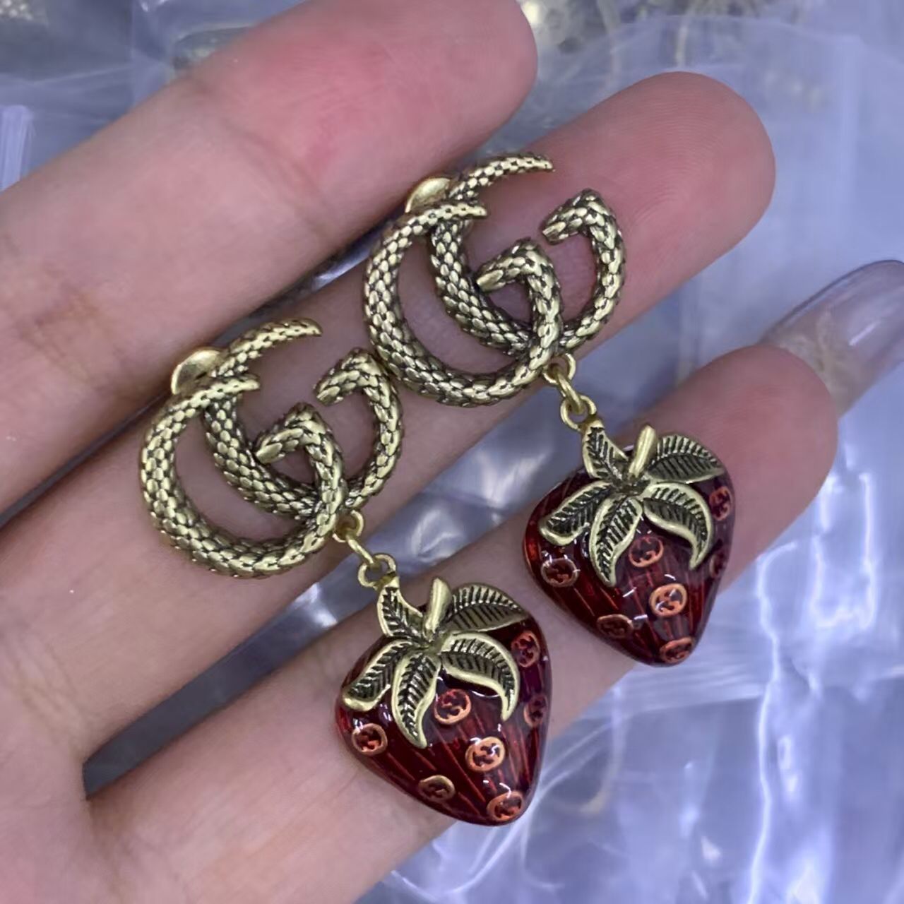 Vintage-Style Intertwined Initials and Strawberry Drop Earrings