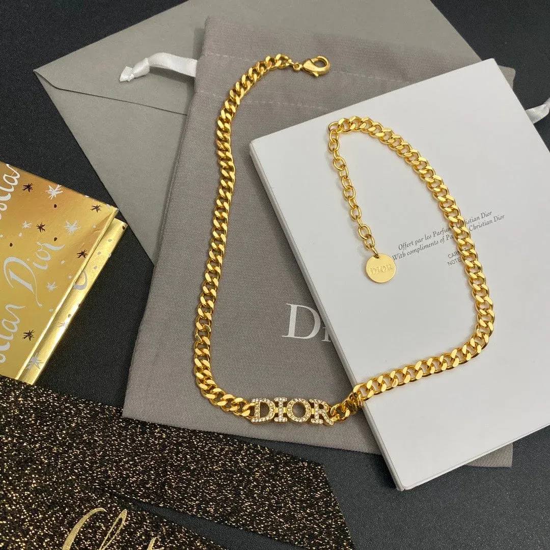 Chunky Curb Chain Necklace with Sparkling Pave Letter Centerpiece