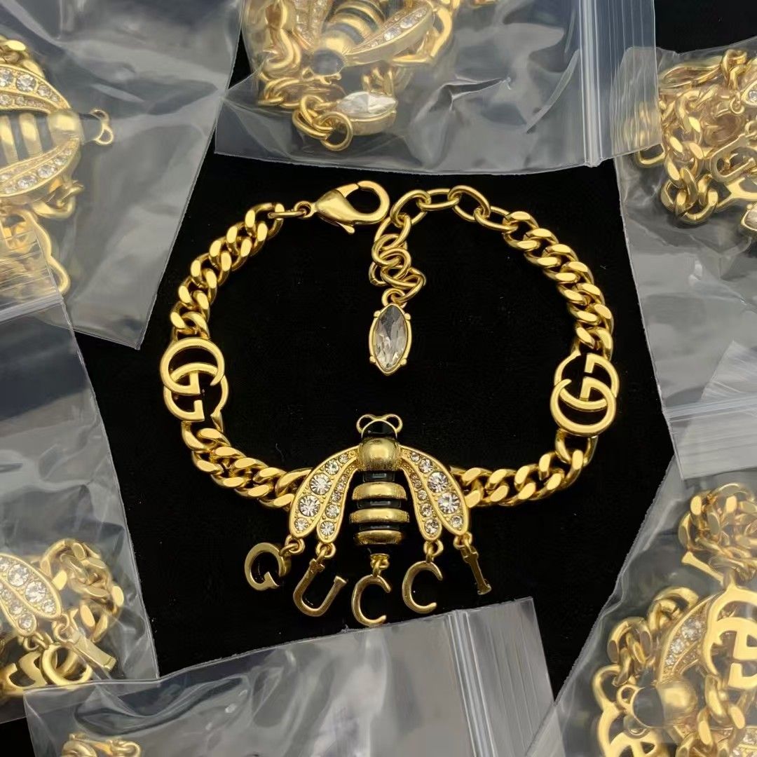 Pave Crystal Bumblebee and Dangle Letter Charm Bracelet