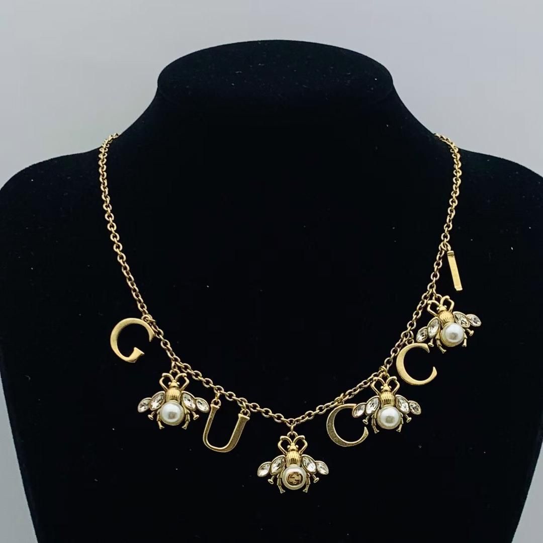 Chic Letter Charm Necklace with Pearl and Rhinestone Bee Pendants
