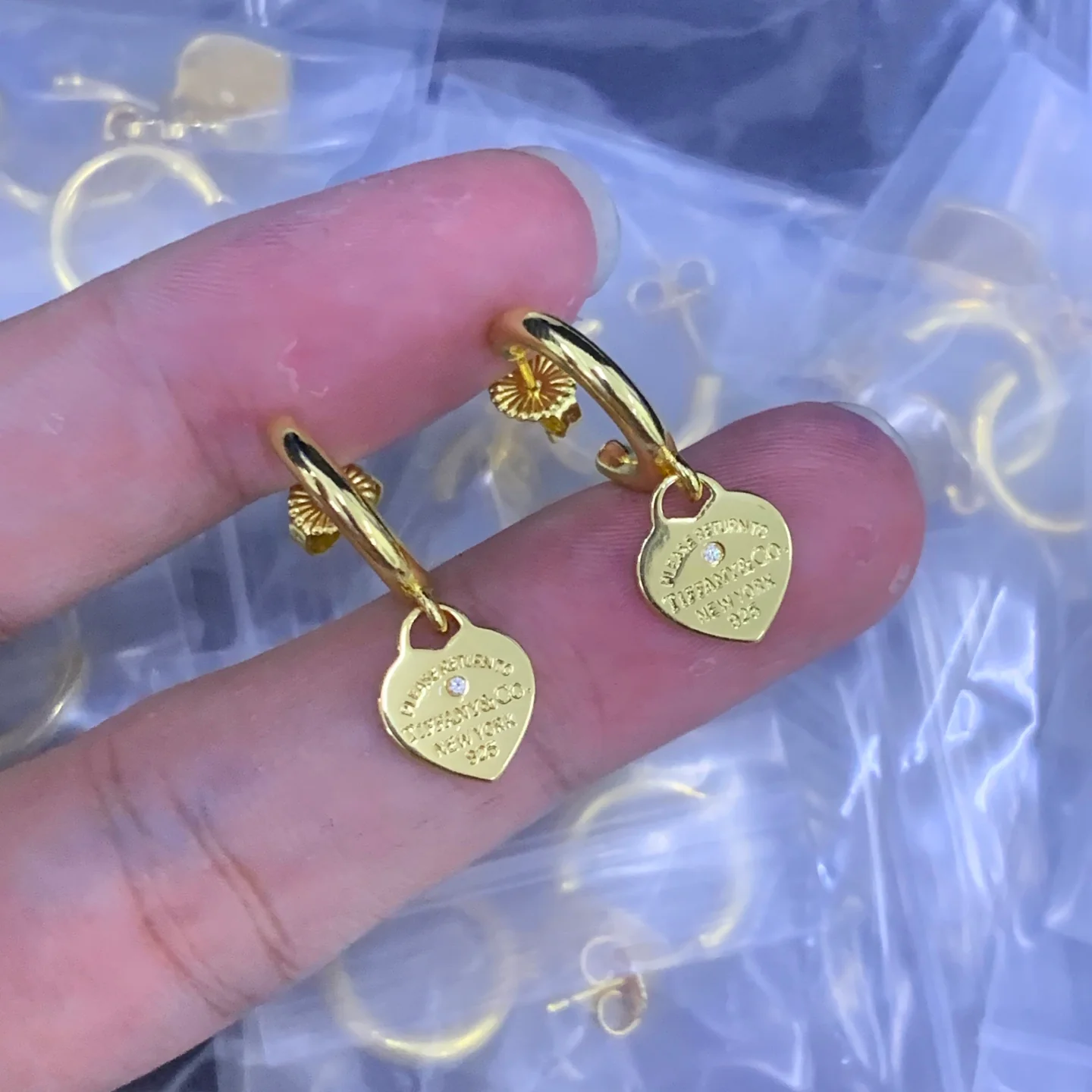 Miniature Tag Dangle Hoop Earrings in Gold Tone