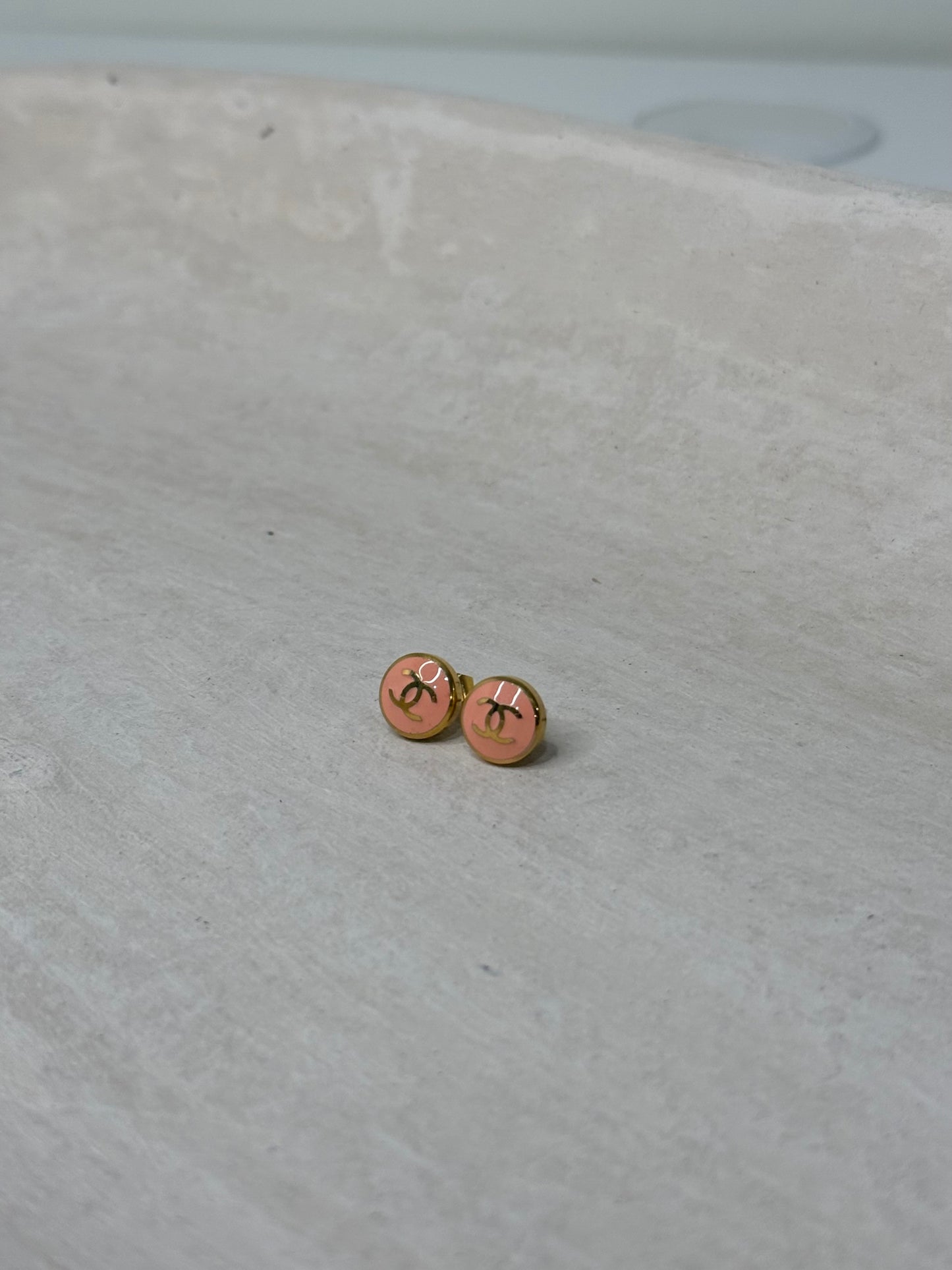 Delicate Peach Stud 1/4" Width Earrings with Iconic Logo Accent