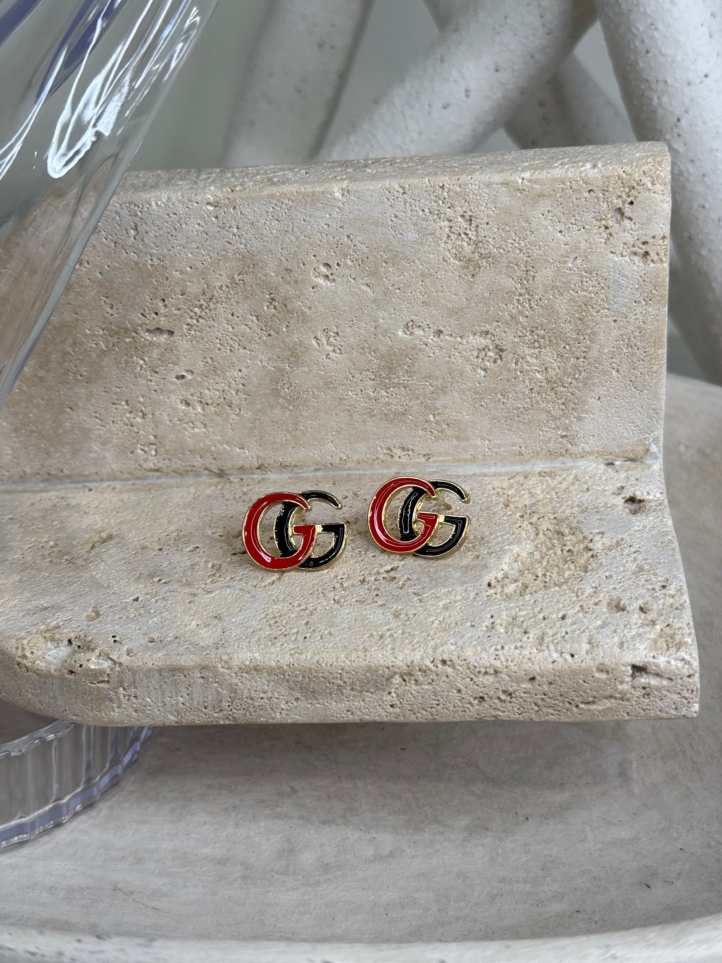 Bold Red and Black Tone Earrings 9/16" Width