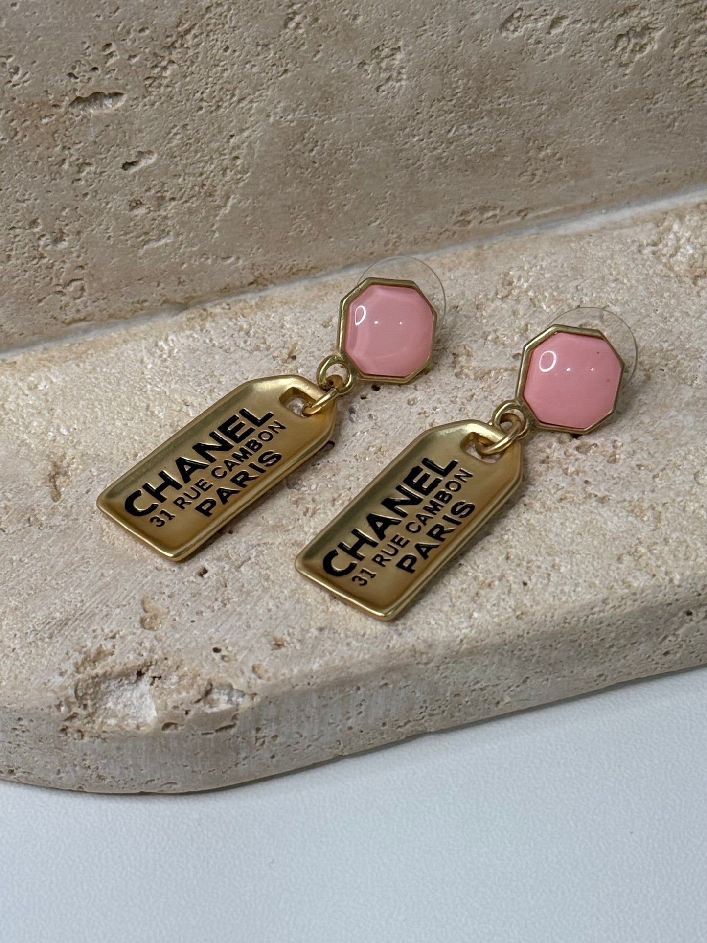 Paris Inspired Charm 1" 3/4" Width Earrings Pink Tag