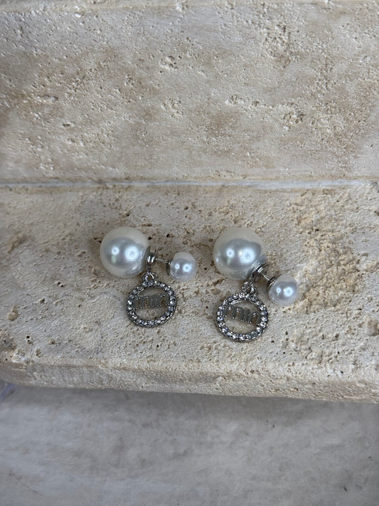 Lustrous Silver Pearl Charm Earrings with Logo Accent 1" Width