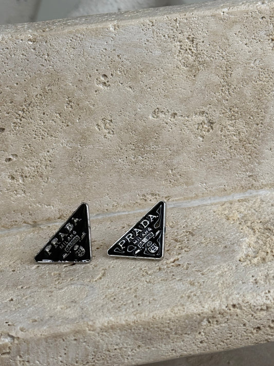 Modern Silver Triangle Earrings with Black Accents 1/2" Width