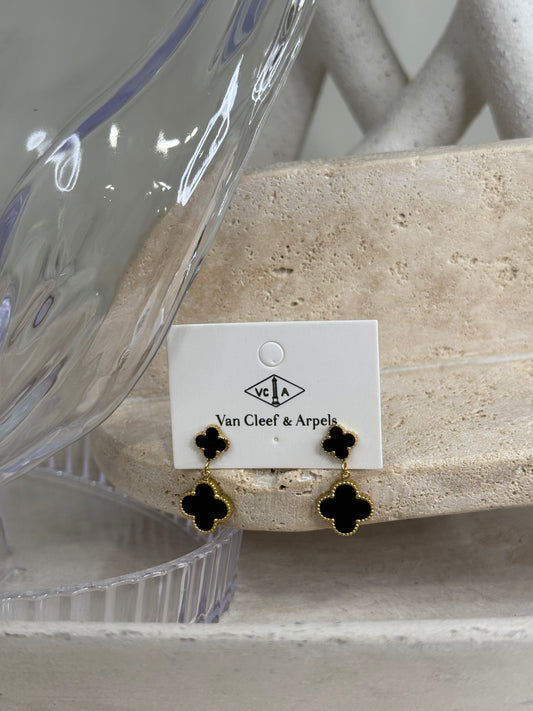 Captivating Double Black Clover Dangle Earrings 1" Width