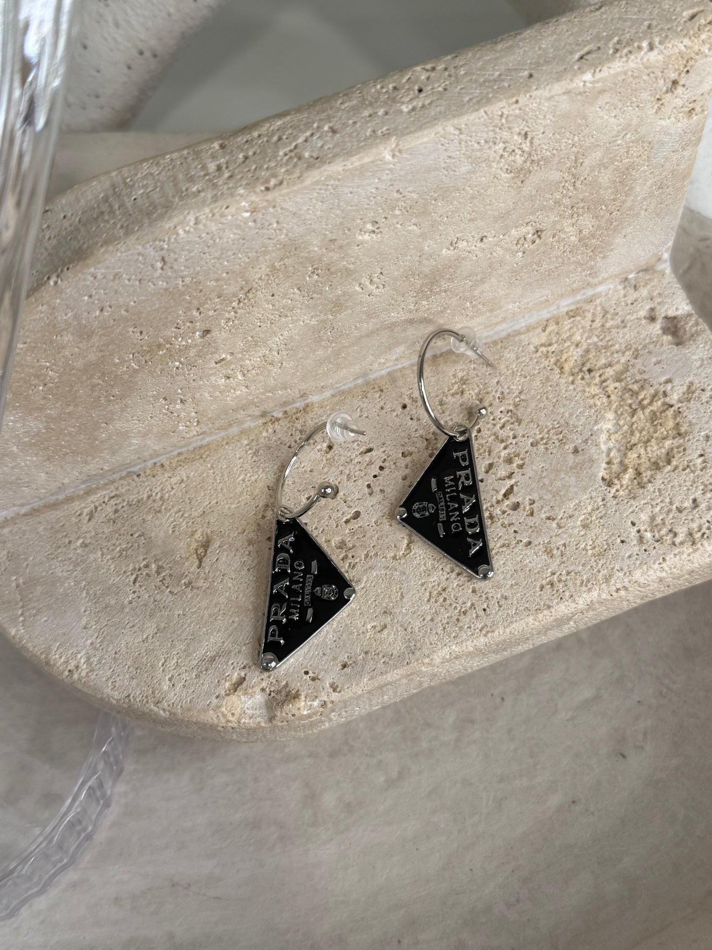 Striking Silver Large Black Triangle Dangle Earrings 1"1/2" Width