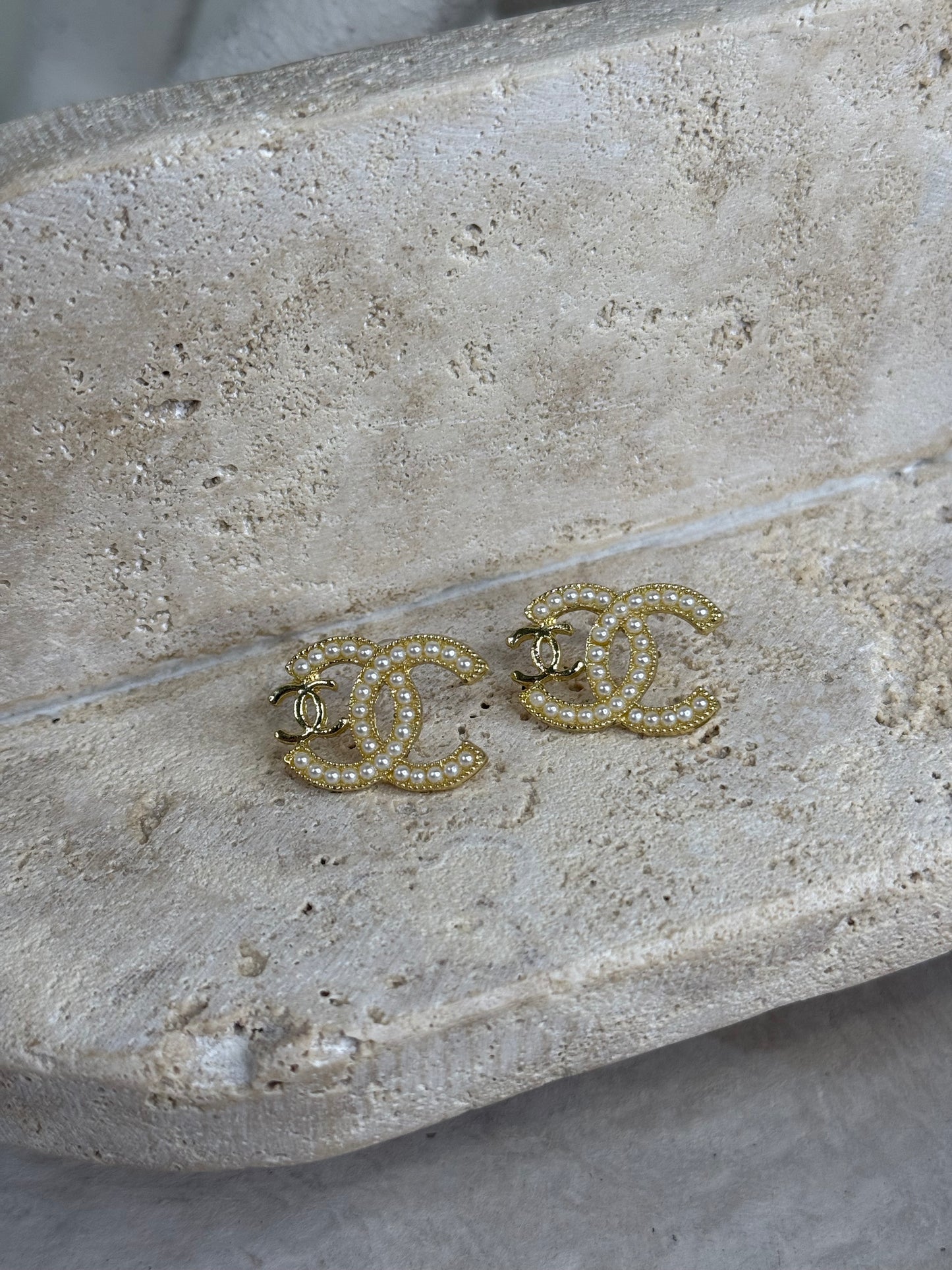 Stunning Gold Double Logo Earrings with Pearls 5/8" Width