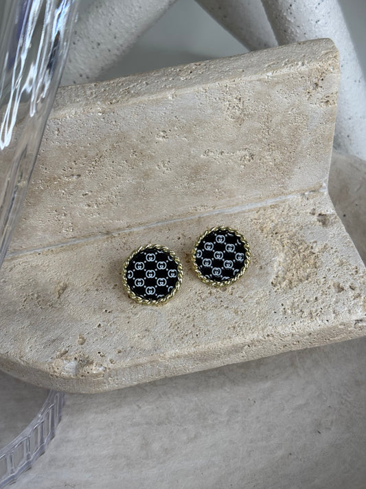 Bold Round Black and White Logo Earrings with  Rim 7/8" Width