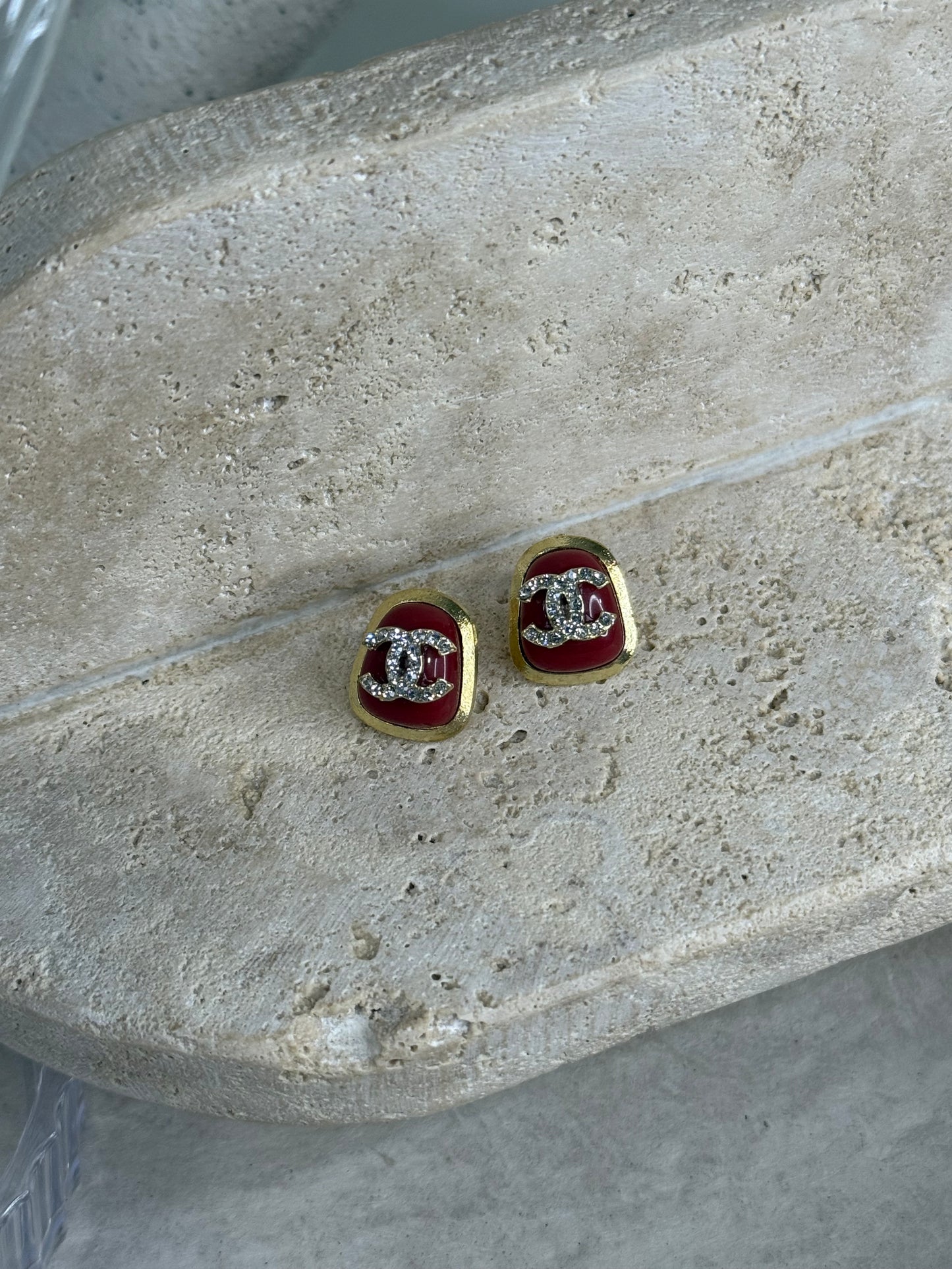 Striking Square Earrings with Bold Red Accents 11/16" Width