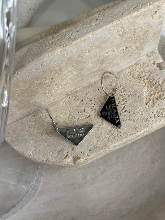 Distinctive Silver Hoop Earrings with Black Triangle Charm 2" Width