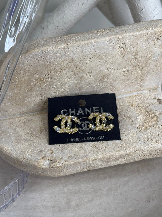 Exquisite 11/16" Earrings with Chanel Logo and Pearl/Diamond