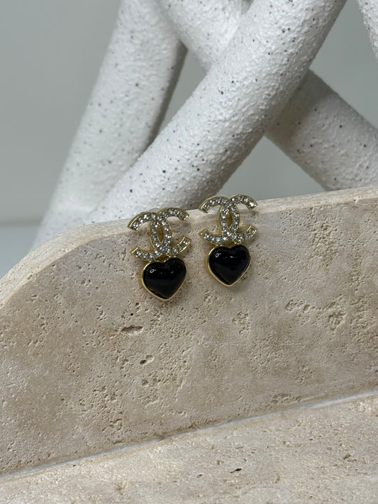 Romantic Hoop 1" Width Earrings with Black Heart and Diamond Accents