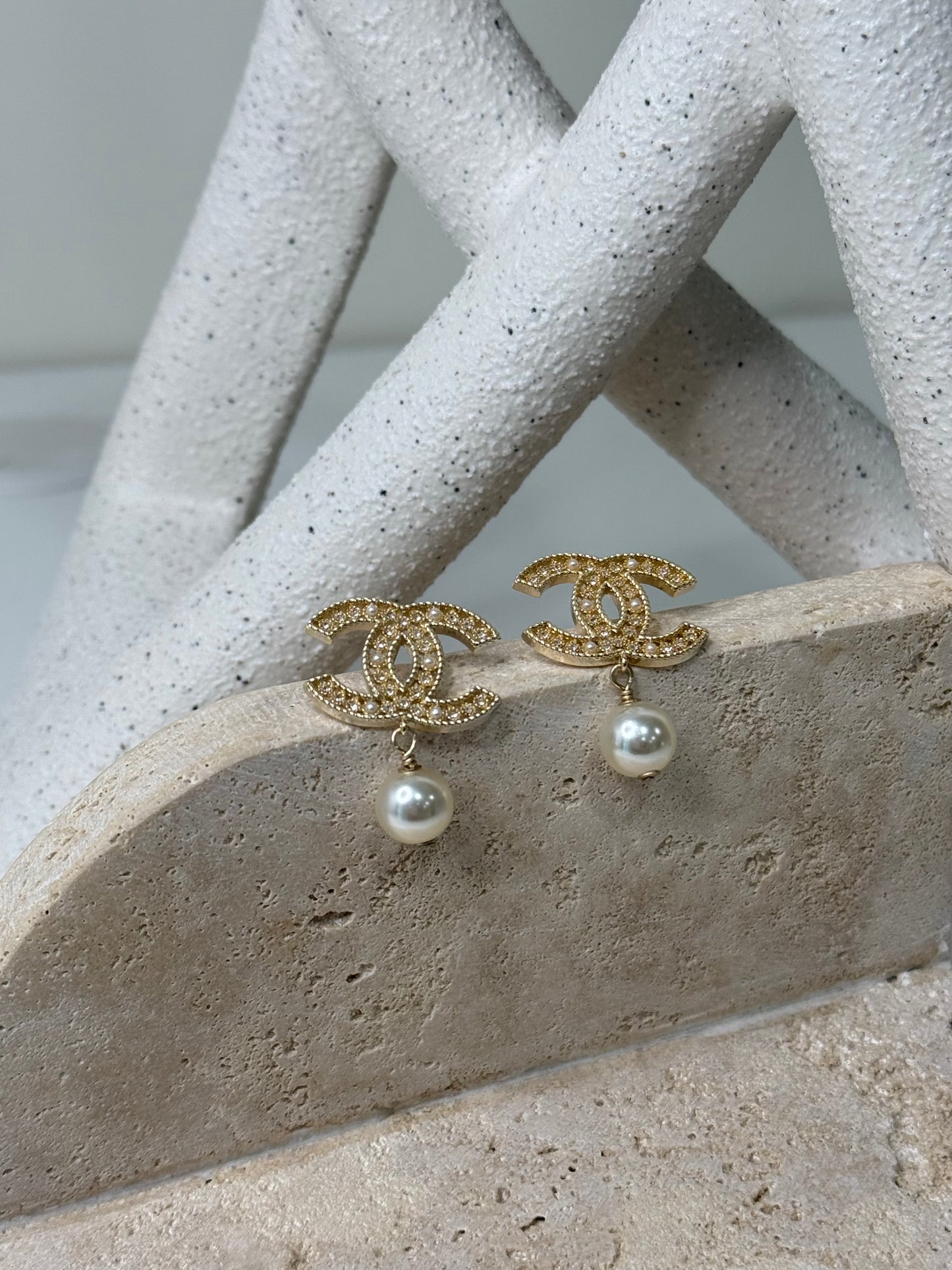 Luxurious Light Pearl Dangle 1" 3/8" Width Earrings with Large Logo Charm