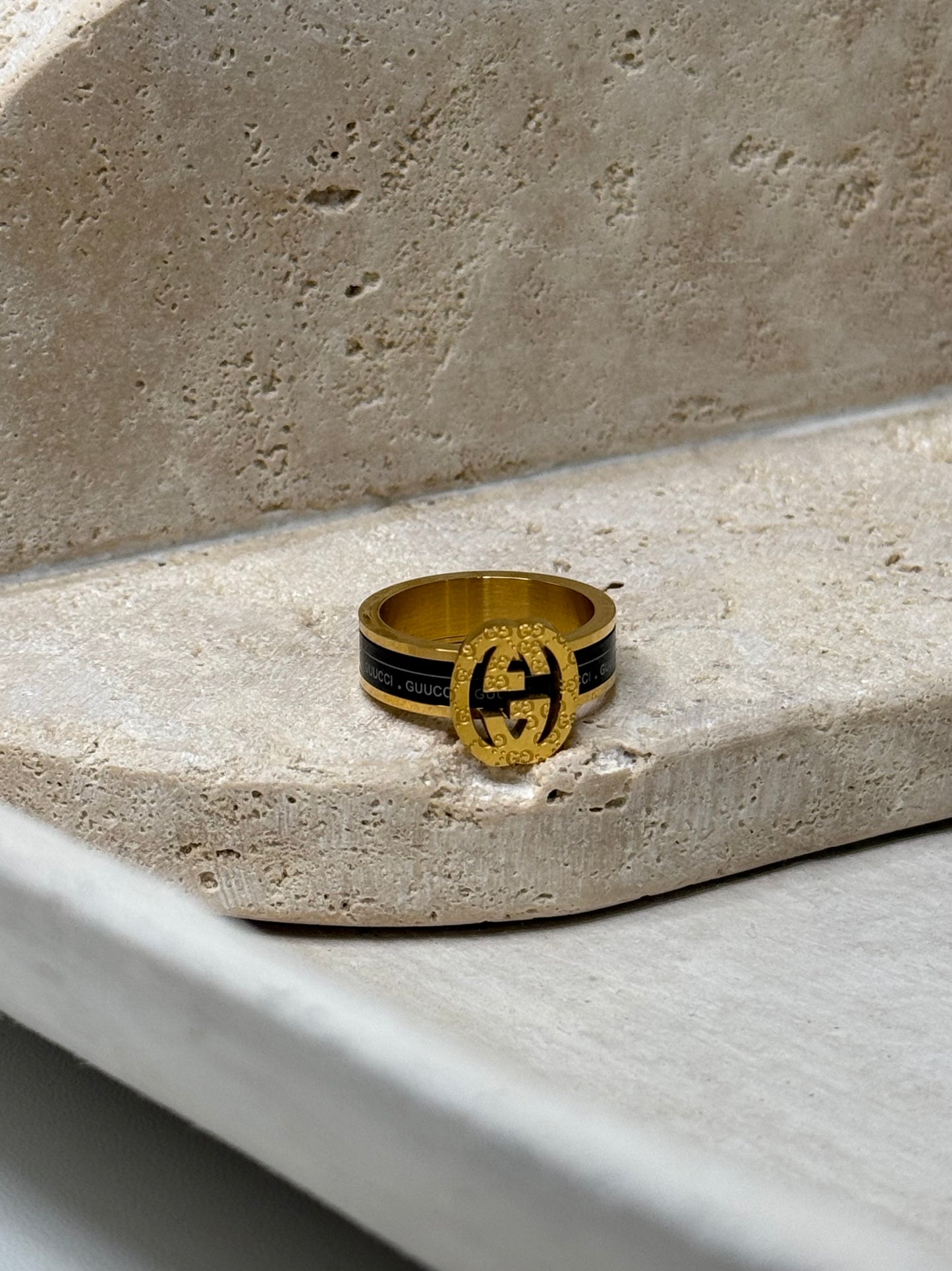 Bold Gold Logo 1" Width Ring with Black Band Stripe