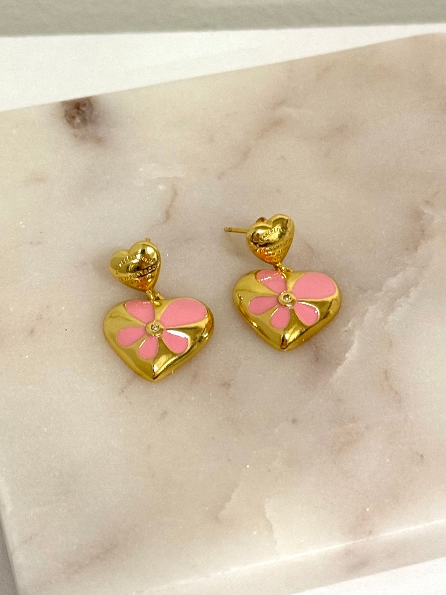 Chic Pink Flower Heart Dangle Earrings