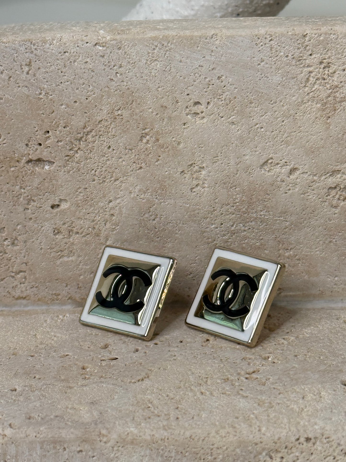 Black Logo Accent Square Gold & White 7/8" Width Earrings