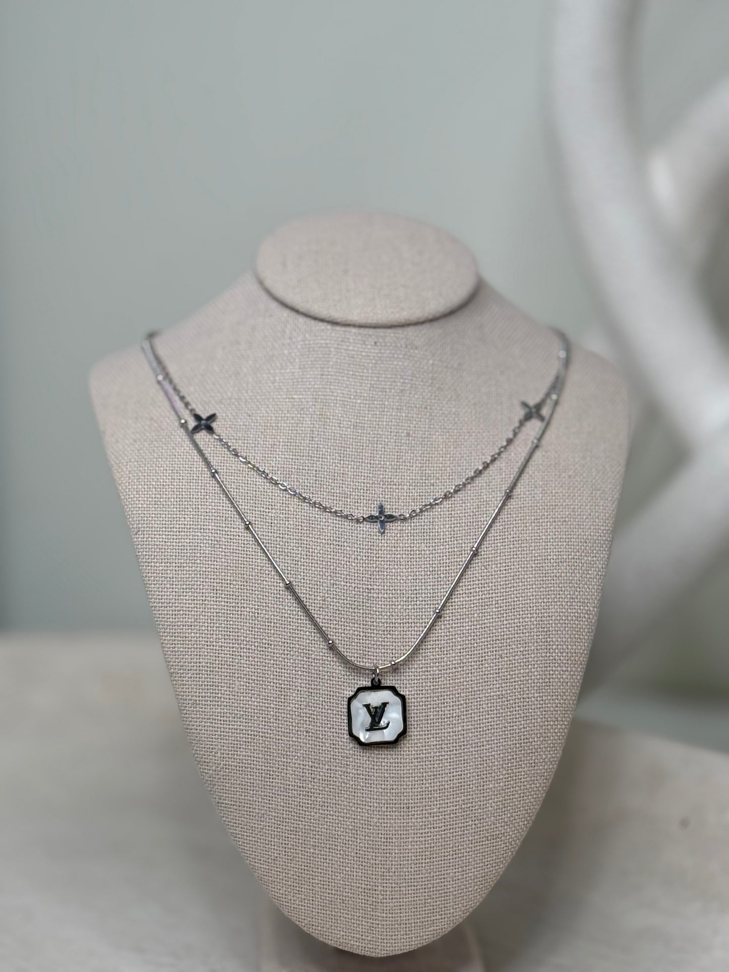 Unique 10"1/2" 1/2 Necklace with Pearly Marble Charm and Double Chain