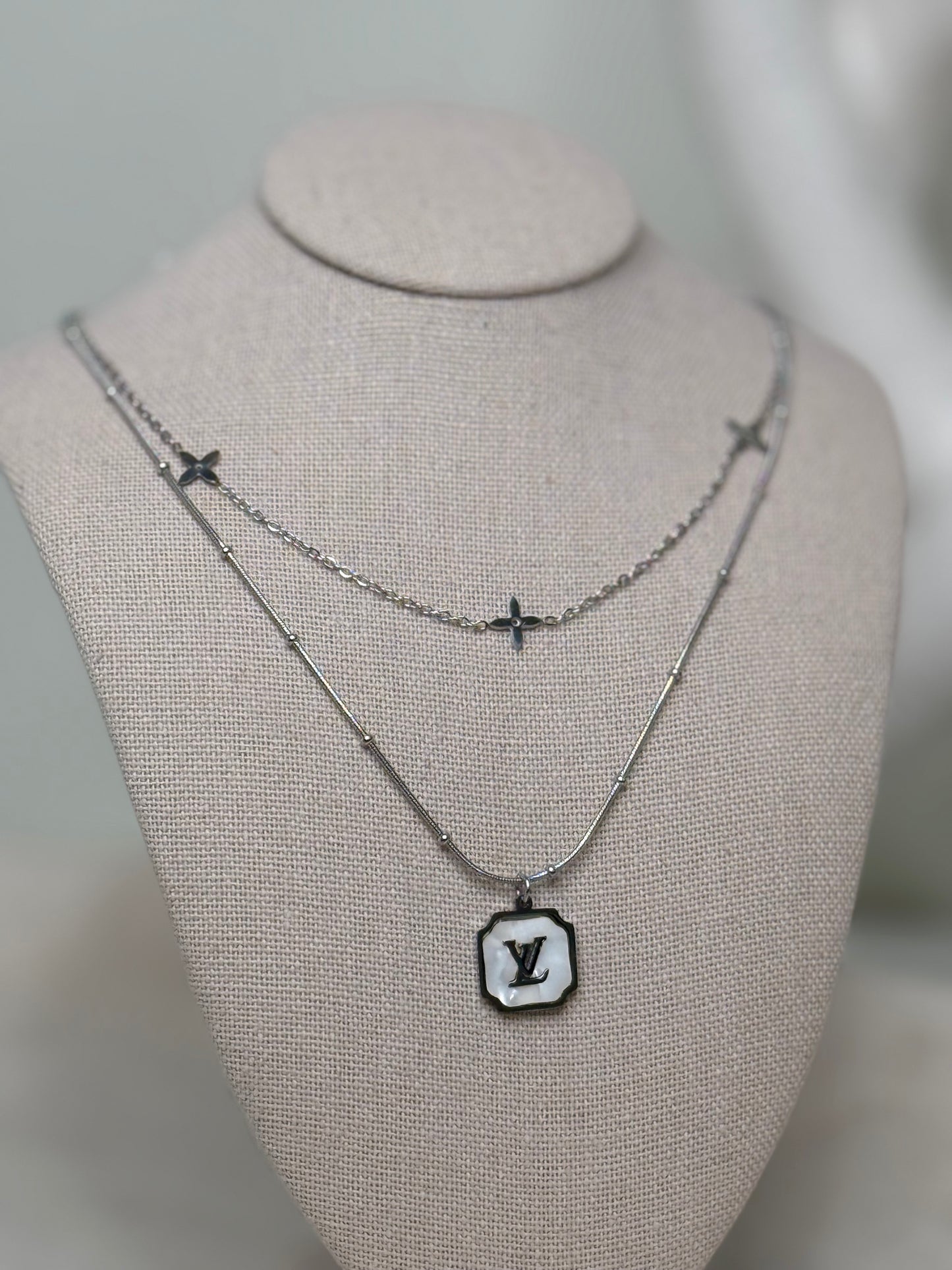 Unique 10"1/2" 1/2 Necklace with Pearly Marble Charm and Double Chain