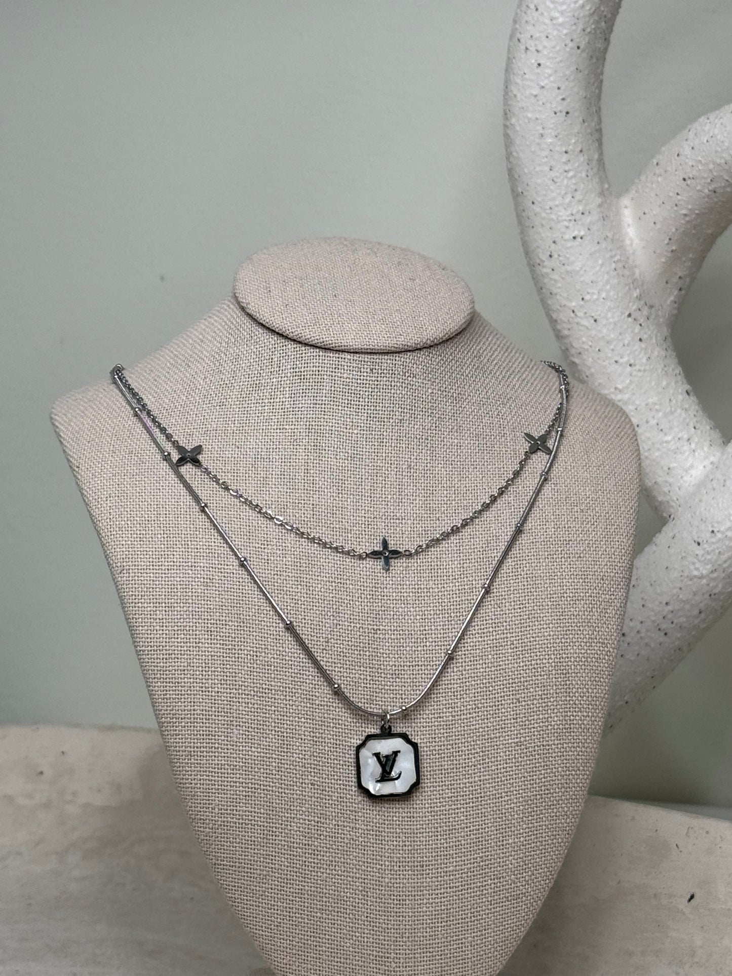 Unique 10"1/2" 1/2 Necklace with Pearly Marble Charm and Double Chain