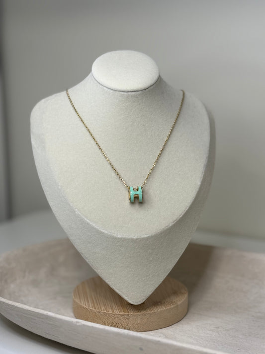 Unique Aqua Green Pendant 9"1/2" Width Necklace Tone Finish