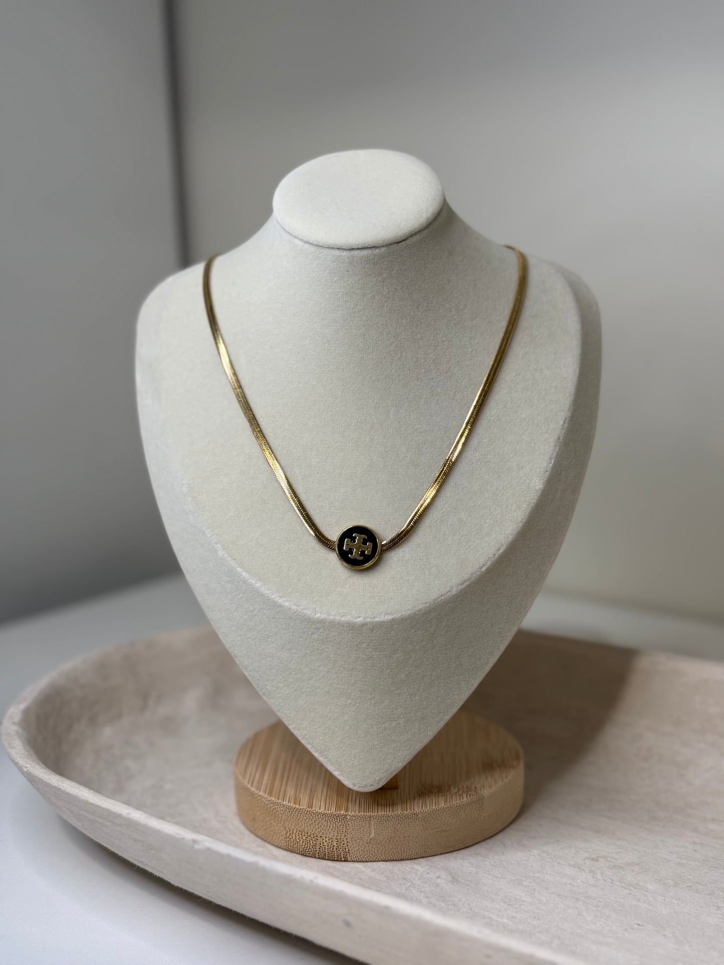 Modern Herringbone Chain 9"1/2" Length Necklace Black Charm Accent