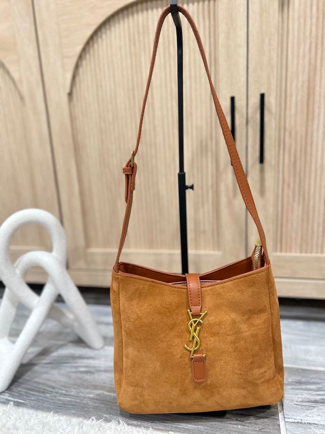 Luxurious Suede Hobo Shoulder Bag with Gold Tone Signature Detail in Warm Caramel