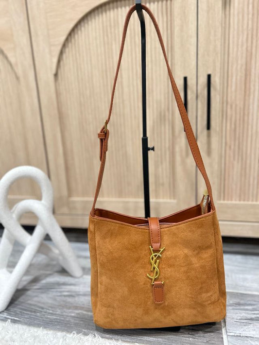 Luxurious Suede Hobo Shoulder Bag with Gold Tone Signature Detail in Warm Caramel