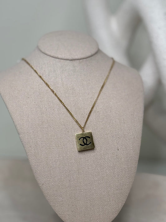 Sophisticated Square Charm 9" Length Necklace with Black Logo