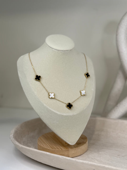 Delicate 10"1/4" Length Necklace with 5 Pearls and Black Clover Accents