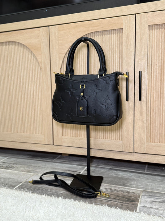 Chic Embossed Black Leather Mini Boston Bag with Detachable Strap