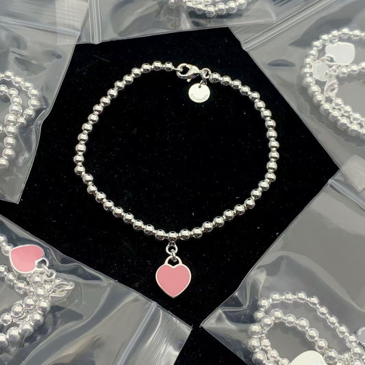 Beaded Ball Chain Bracelet with Pink Enamel Heart Charm