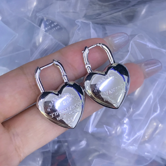 Polished Silver Heart Padlock Dangle Earrings