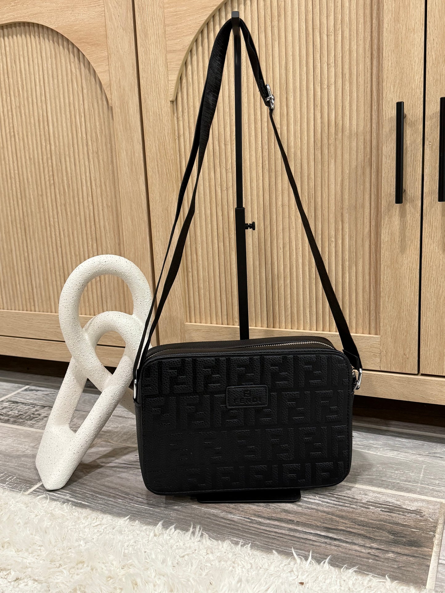 Elegant Black Embossed Camera Bag - Adjustable Crossbody Strap