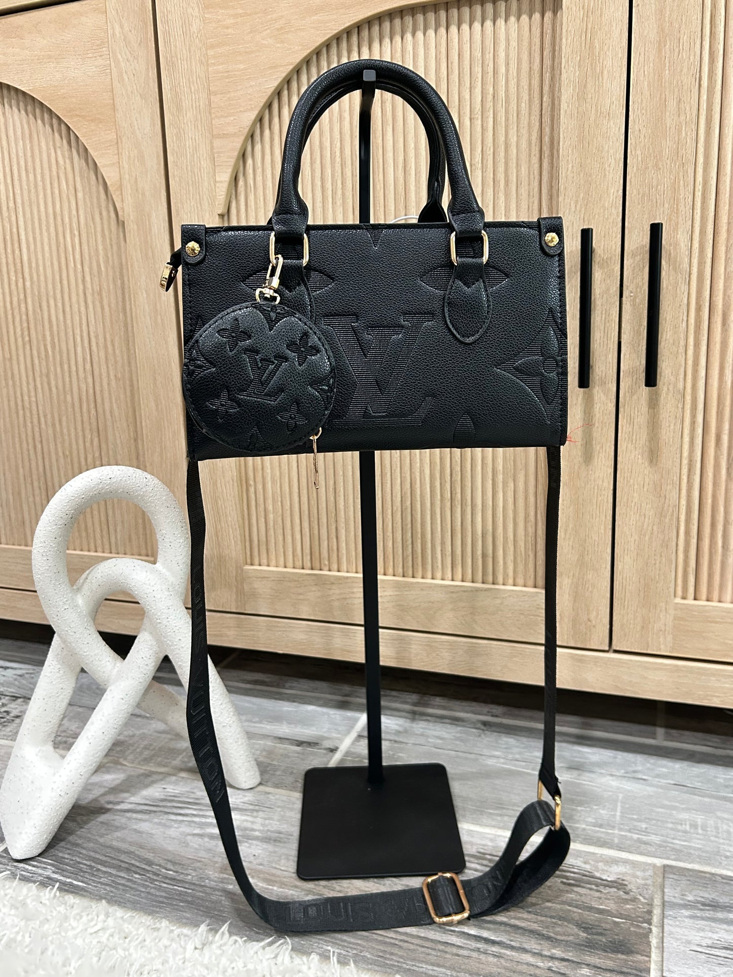 Chic Embossed Black Satchel & Coin Pouch Set - Textured Faux Leather Top Handle Crossbody