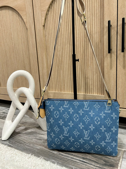Designer Blue Denim Crossbody Bag with Monogram Print and Adjustable Strap
