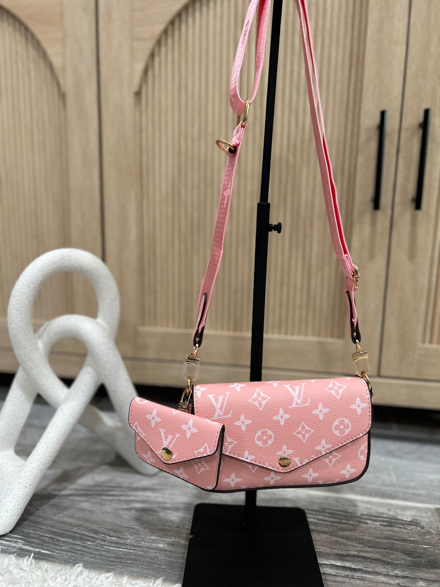 Chic Pink Monogram Multi-Pouch Crossbody Bag with Detachable Strap