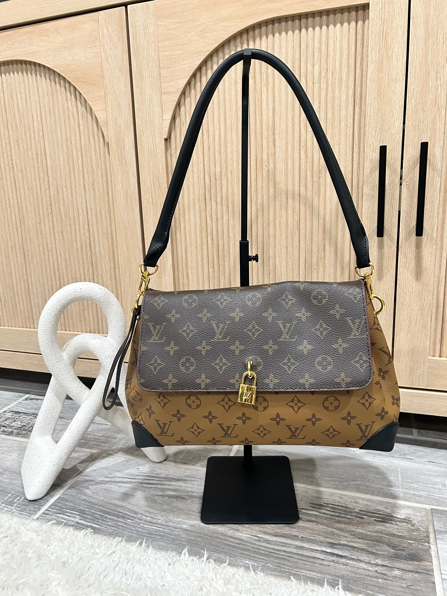 Two-Tone Signature Canvas Shoulder Bag with Black Leather Strap