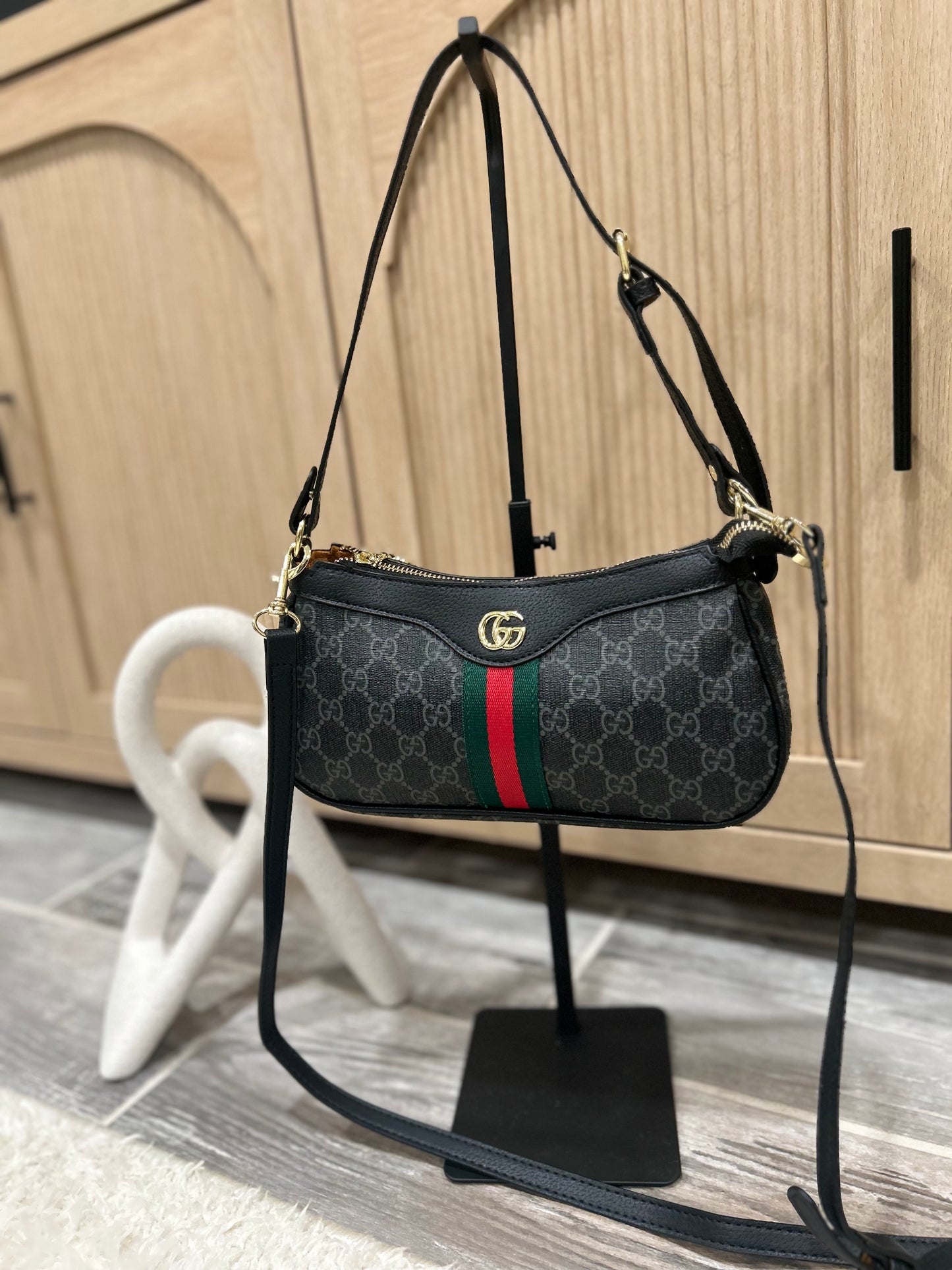 Luxury Monogram Shoulder Bag with Signature Web Stripe - Crossbody Option Included