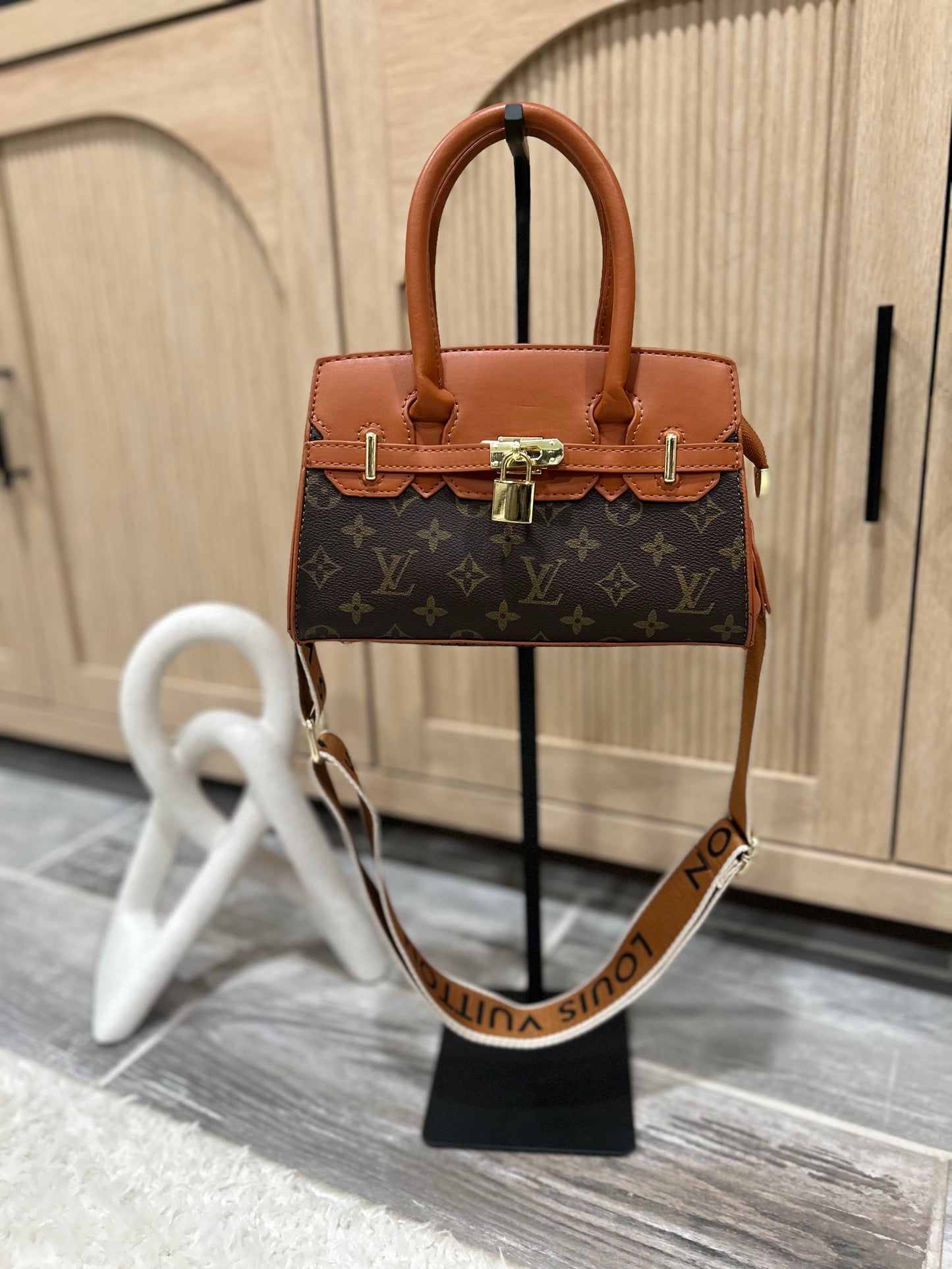 Chic Monogram & Tan Accent Mini Top Handle Bag