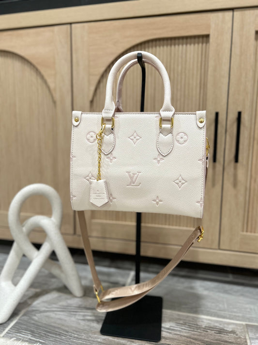 Chic Cream Embossed Commuter Tote Two-Way Carry Shoulder Bag with Gold Hardware
